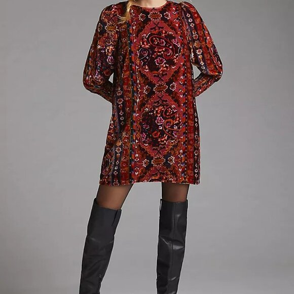 Anthropologie Dresses & Skirts - Retro Velvet Shift Puff Sleeve Mini Dress